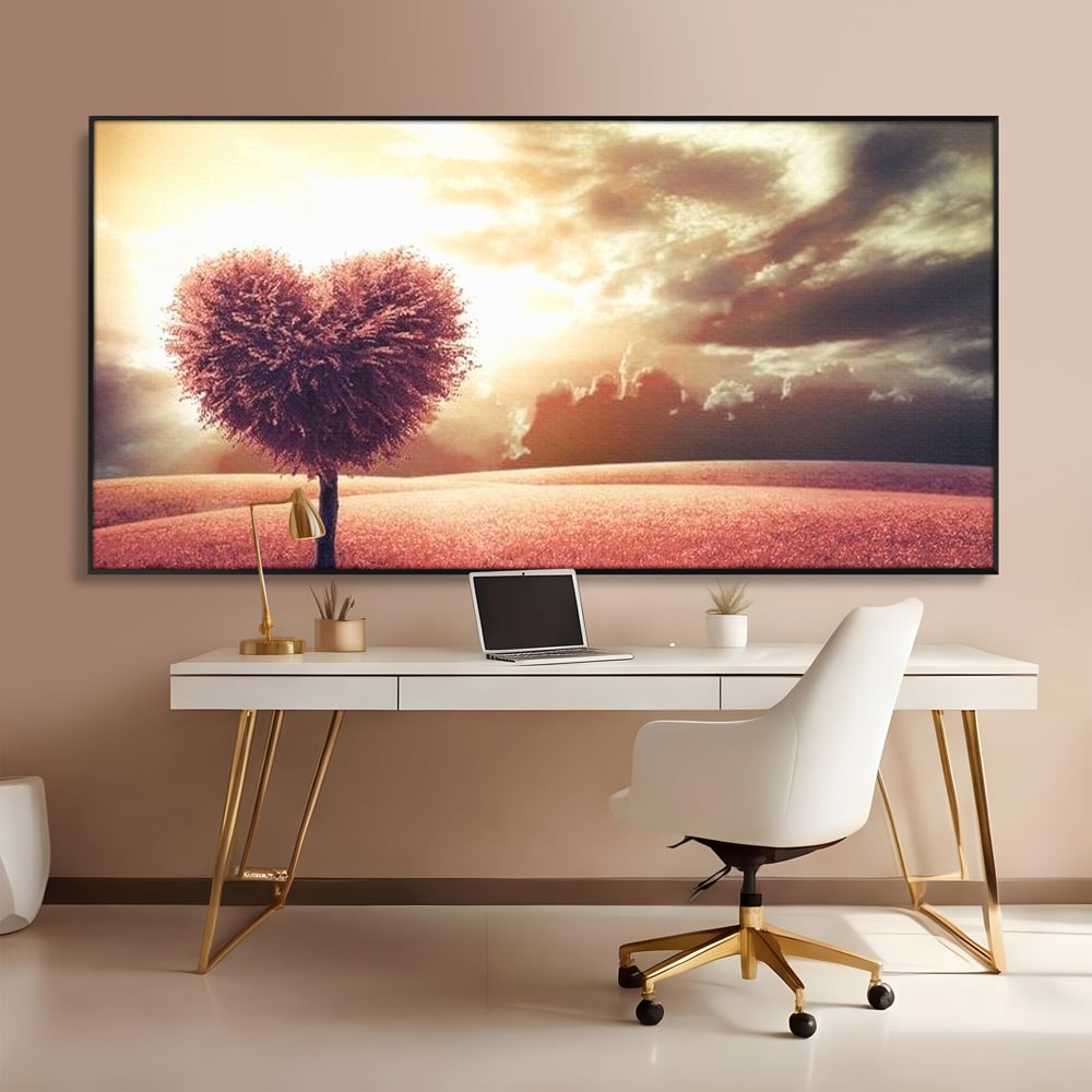 Tablou canvas cu tablou canvas cu un copac in forma de inima, in rama de aluminiu negru, pe perete intr-un birou